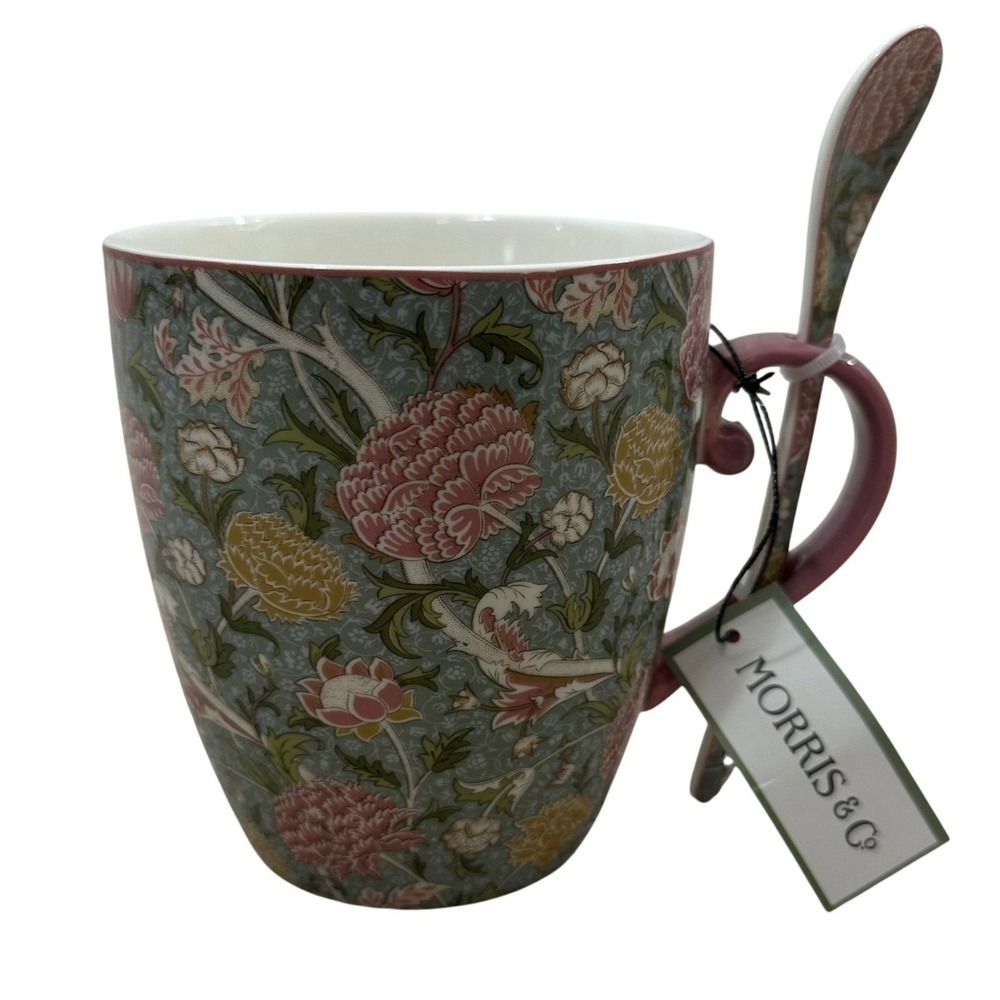 Morris & Co Premium Porcelain Mug and Spoon Set Pink Green Floral NEW